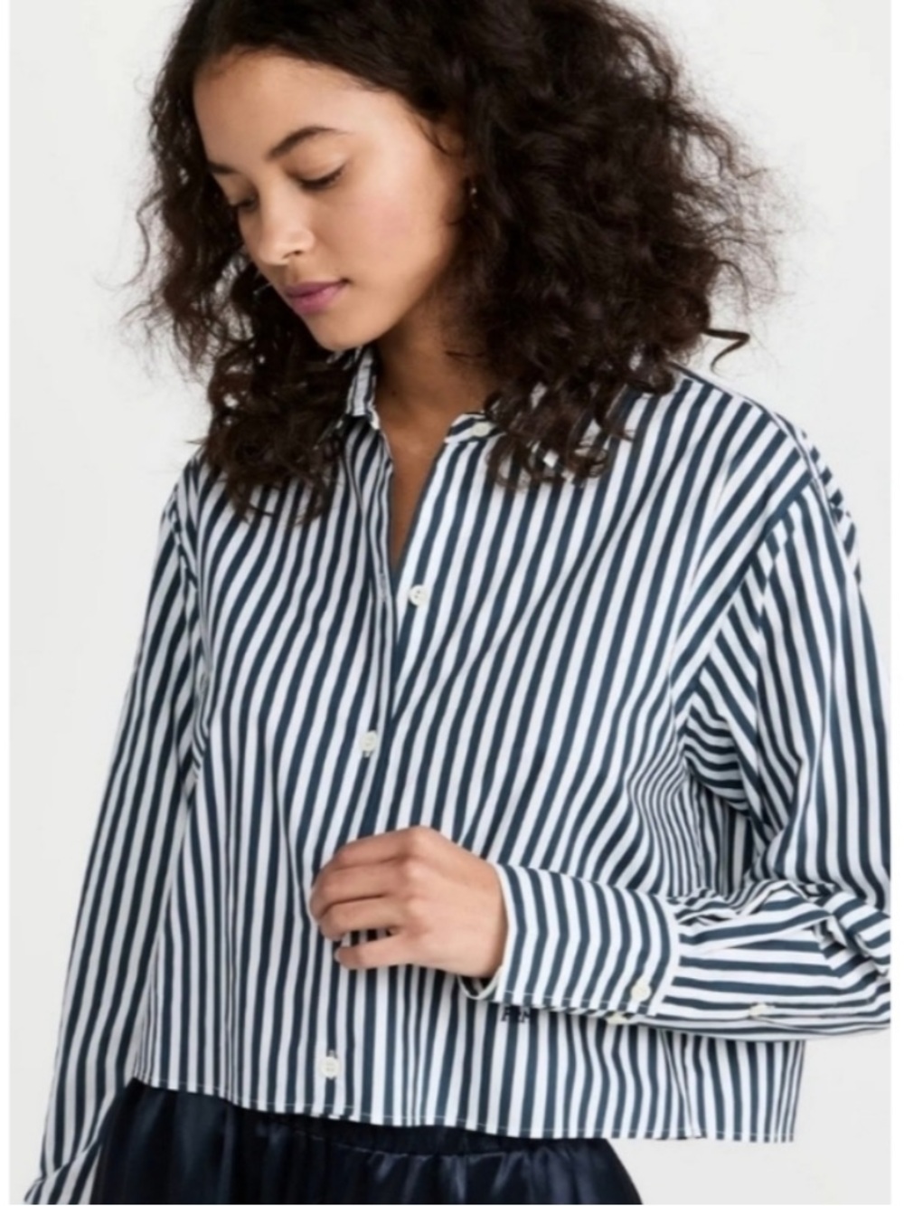 Frame Denim Navy & White Vertical Stripe Button-Up Crop Shirt